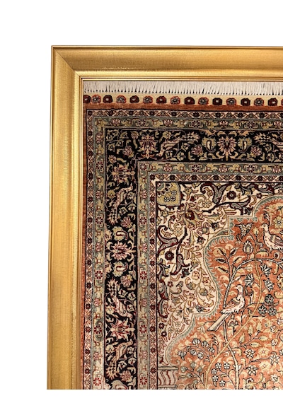 El Dokuma Saf İpek Halı Koleksiyonluk Tablo 78x123 Hayat Ağacı Modeli %100 Has İpek Kiremit