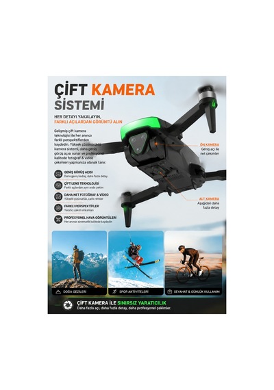 Fırçasız Motorlu Katlanabilir Kamera Drone 480p Çift Kamera, Wifi Fpv, 360 Engel Algılama, 2 Batarya Beyaz