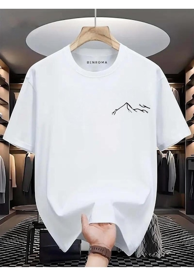 Beyaz Dağ Baskılı Oversize Tişört BEYAZ