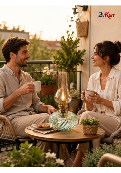 Gaz Lambası Cam Hazneli Dekoratif Nostaljik Kamp Piknik Bahçe Balkon Masa Üstü Aydınlatma Şeffaf