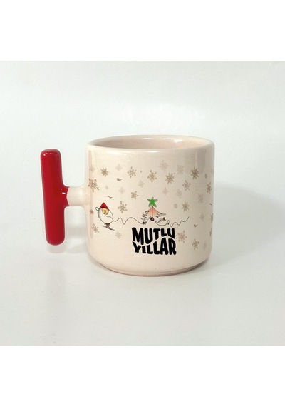 Mutlu Yıllar Kar Taneleri Baskılı Kırmıız Kulplu T Yılbaşı Kupası