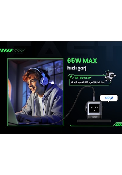 UGREEN Nexode RG 65W Robot GaN Hızlı Şarj Cihazı 2xUSB-C - 1xUSB-A Gri