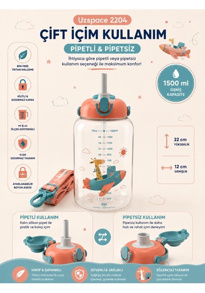 Uzspace 2204 Turuncu 1500 Ml Çift İçim Ölçek Göstergeli Tritan Çocuk Su Matarası