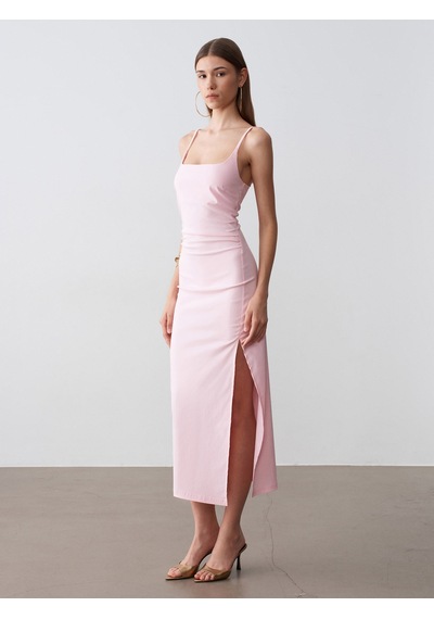 Dilvin 91712 Kare Yaka Büzgülü Midi Elbise-toz Pembe