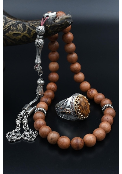 Prestij Gümüş Doğal Oud Ağacı Tesbih Ve 925 Ayar Gümüş Erkek Yüzüğü Oud Ağacı 901511 Gümüş
