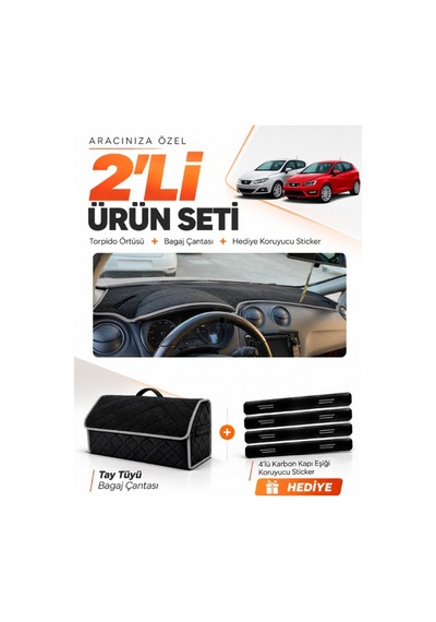 E-biz Seat Ibıza 2008-2017 Uyumlu Torpido Örtüsü + Tay Tüyü Bagaj Çantası Seti - Siyah-gri - Se004