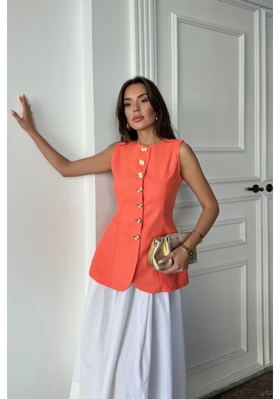 Defymoda Jakar Keten Yelek Belden Oturtmalı Gold Düğmeli - Orange Orange