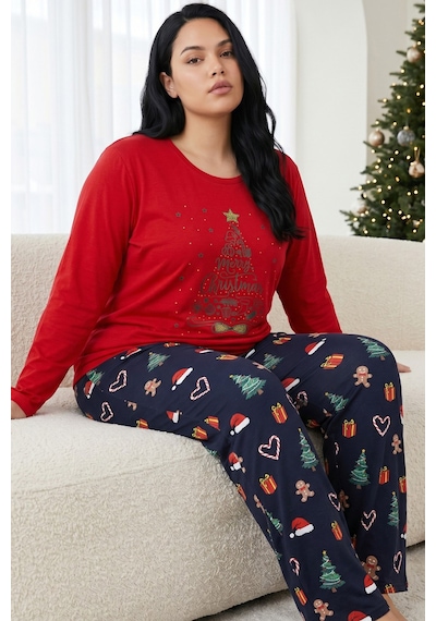 Siyah İnci Pamuklu Likralı Büyük Beden Battal Boy Örme Pijama Takım 26240934 Kırmızı