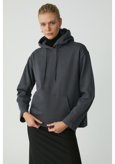 Ethıquet Pıper Kadın Içi Polarlı Yumuşacık Comfort Fit Kapüşonlu Kanguru Cepli Antrasit Sweatshirt