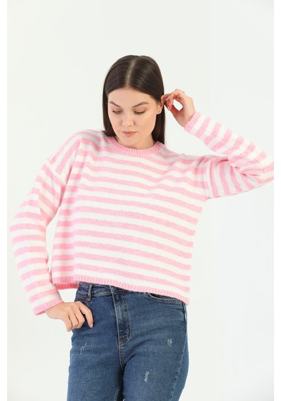 Youknitwear You Angora Çizgili Kazak Pembe