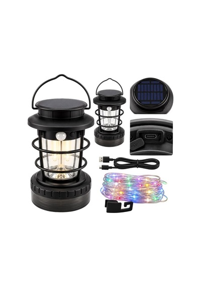 Powermaster Hop-8819 Solar Güneş Panelli Sensörlü Kamp Lambası Filament + Smd + Rgb Şerit Siyah