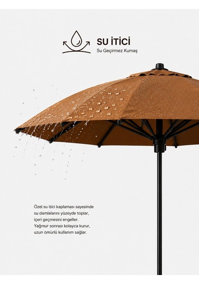 Alubrella Yuvarlak Sütlü Kahve 250 Cm Çap, 8 Telli Güneş Şemsiyesi Kahverengi İskelet Antrasit