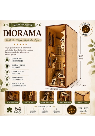French Yard Diorama Book Nook Ahşap Maket Seti Dıy Miniatür Kedili Fransız Avlusu Peri Led'li Kitaplık Dekoru