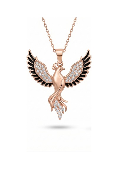925 Ayar Gümüş Zümrüdüanka Kuşu Kolye - Rose Gold Kaplama Siyah Mineli Kadın Kolye Rzn10370 Gümüş