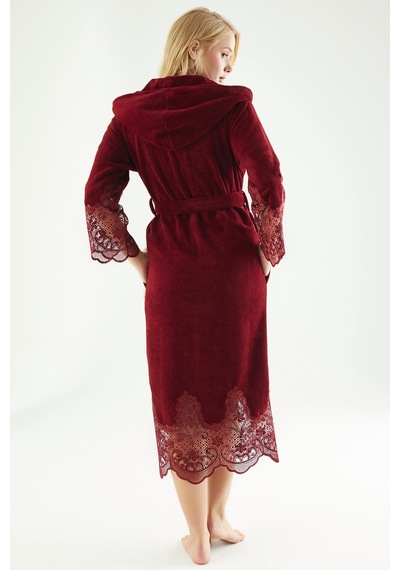 Dantelli Uzun Kapüşonlu Triga Bambu Cotton Bayan Bornoz Bordo