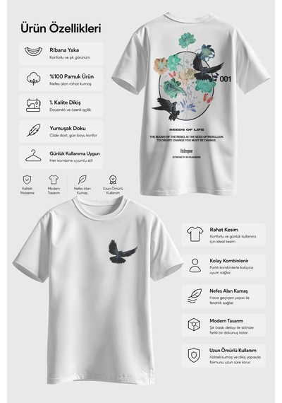 Spoyi Rebel Bloom Tasarımlı %100 Pamuk Yarım Oversize Beyaz T-shirt