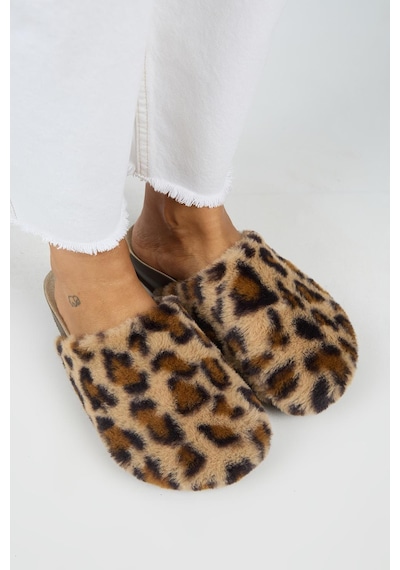 Manijero Leda Kadın Peluş Düz Taba Leopar Terlik Taba - Leopar