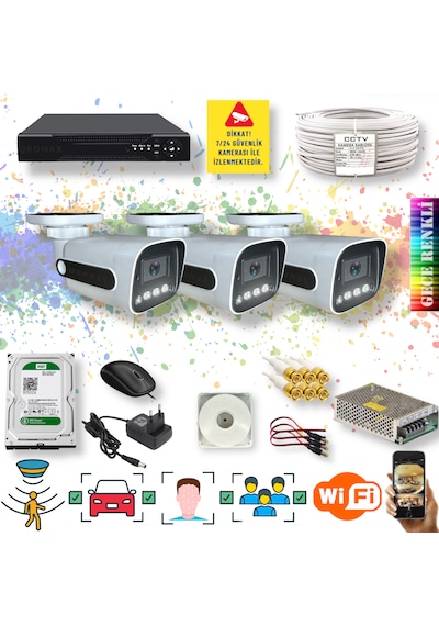 3 Kameralı Yapay Zekalı Gece Renkli Fullhd Kamera Seti 784w-104