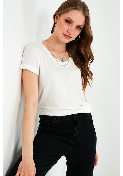 Lela V Yaka Relaxed Fit Yırtmaç Detaylı 2'Li Paket Bayan Bluz 5862000S2 Ekru-Saks