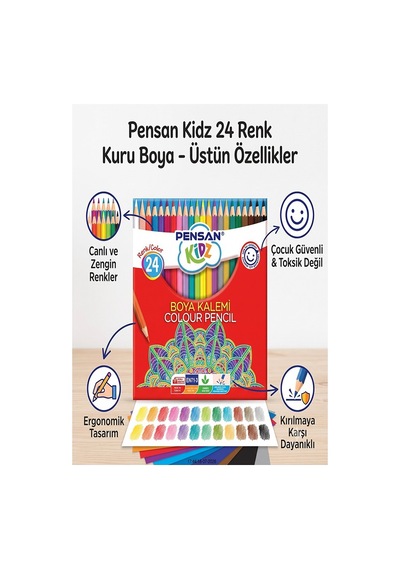 24 Lü Kuru Boya Kalemi Karton Kutu 1 Paket Pensan 24 Renk Kuruboya Tam Boy Canlı Renkli Boya Kalem Okul Öğrenci Çok Renkli