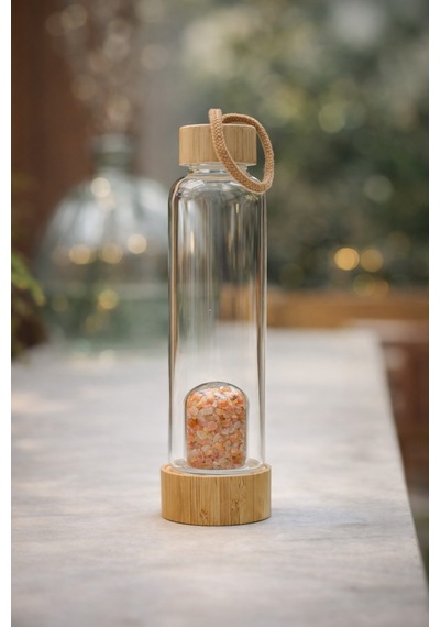 Sarı Adventurin Doğal Taş Bambu Kapaklı Cam Su Matarası - 550 Ml - Özel Kılıflı Beyaz