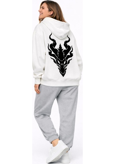 Nevermınd Unisex Ejderha Baskılı Sevgili Kombini Oversize Hoodie Seti Beyaz Beyaz