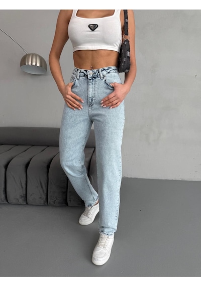 Ara Beden Blue Snow Wash Lycra Mom Jean Mavi