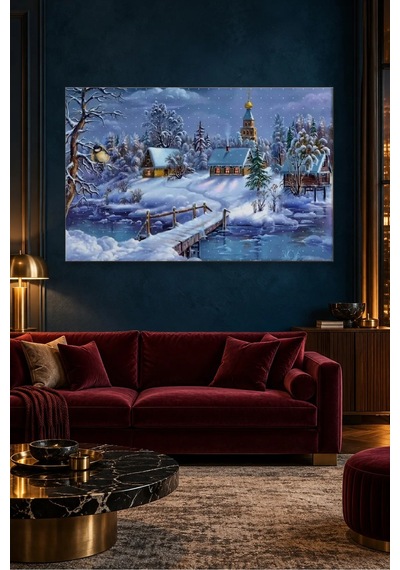 Fida Karlı Köyde Kubbeli Kilise Ve Ahşap Köprü Canvas Tablo Çok Renkli