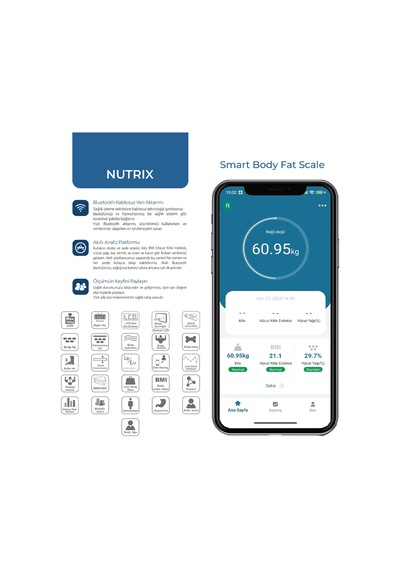 Scntx-001 Nutrix Akıllı Vücut Analiz Tartısı 150 Kg, Bluetooth Uygulamalı, 4 Elektrotlu, Lcd Ekran, 100 G Hassasiyet - Siyah