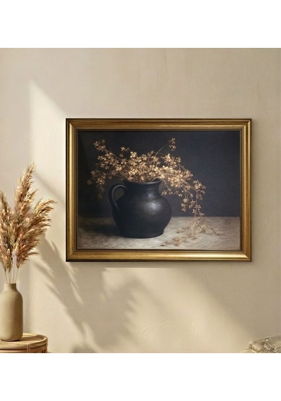 Antika Gold Çerçeveli Toprak Testide Kuru Çiçek Tablosu - Vintage Salon Duvar Dekoru 80x60 Cm