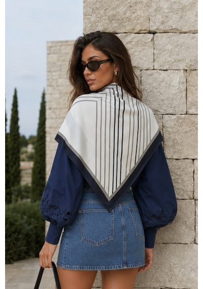 Tarzını Seç Siyah V Çizgi Fular / Bandana / Aksesuar / Şal / Eşarp 70x70