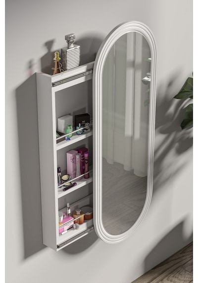 Çok Amaçlı Aynalı Takı Dolabı Mdf Kapak - Beyaz - Oval Çerçeve