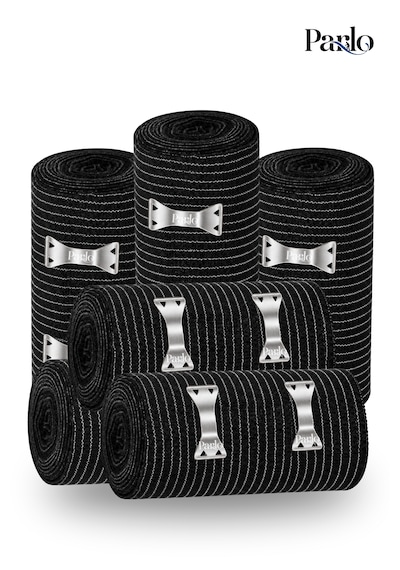 Parlo Siyah Elastik Bandaj 10 Cm X 1,5 M 6 Lı Set %300 Esnek, 4,5 M Ye Kadar Uzayan, Metal Kancalı Destek Ve Sargı Bandajı