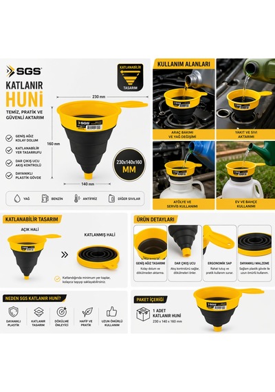 Sgs Katlanır Huni 230x140x160 Mm Yağ Benzin Sıvı Aktarma Hunisi