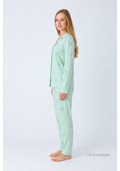 Cottonill Çiçek Desenli Yumuşak Dokulu Gömlek Yaka Düğmeli Uzun Kollu Kadın Pijama Takımı Mavi