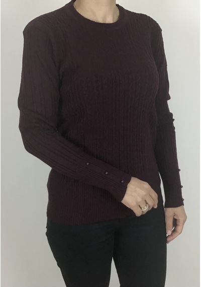 Saç Örgü Desenli Kalın Likralı Kolları Boncuk Detaylı Bluz Bordo