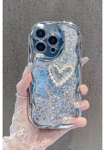 Caş Dekorasyon Gümüş Renk Kalp Figürlü Simli 15 Pro Max Telefon Kılıfı Gümüş