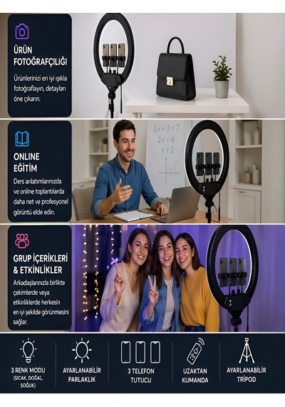 6000k 80w Led Halka Işık 56cm 360 Ayarlı 2 Usb Çıkışlı Kumandalı Fotoğraf Video Işığı Çantalı