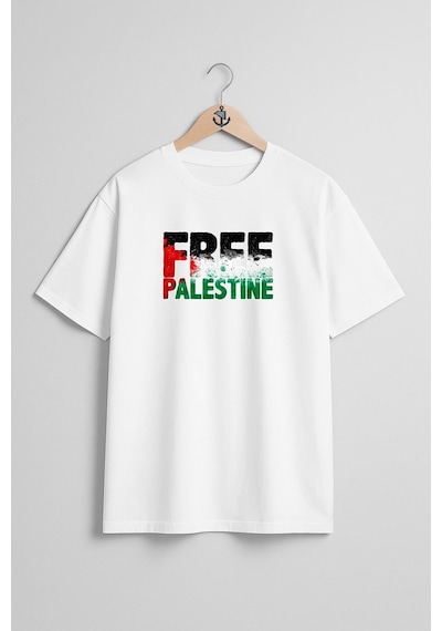 Bahriyeli Collection Oversize Free Palestine Göğüs Tasarımlı Unisex T-shirt Beyaz