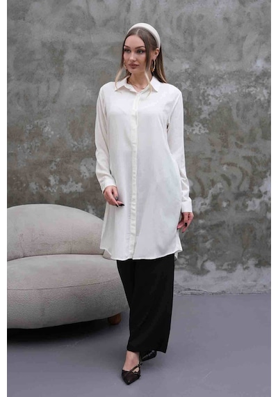 Polologin Butik Beyaz Uzun Gömlek Tunik Beyaz