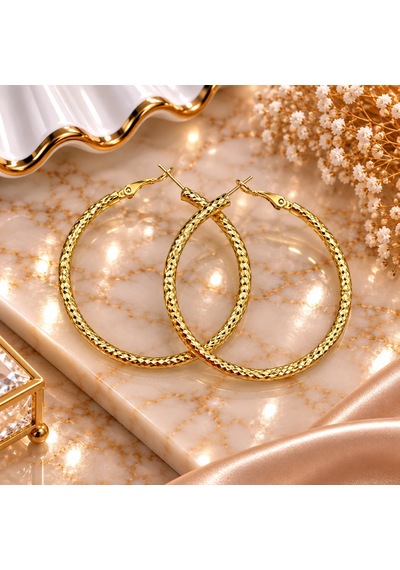 Premium Parlak Ve Şık Gold Renk Dokulu Büyük 316l Çelik Kadın Halka Küpe Altın