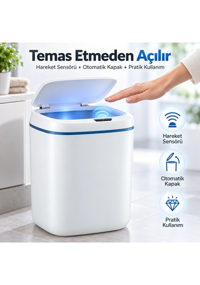 20 Litre Sensörlü Temassız Otomatik Çöp Kovası Beyaz