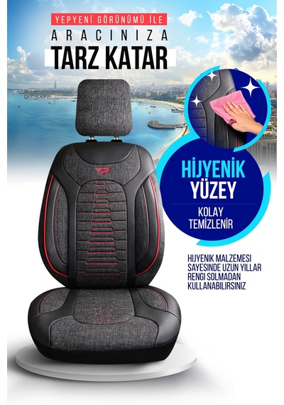 Füme - Kırmızı Panda Bakü Serısı Keten Kumaş Oto Koltuk Kılıfı - Tam Set