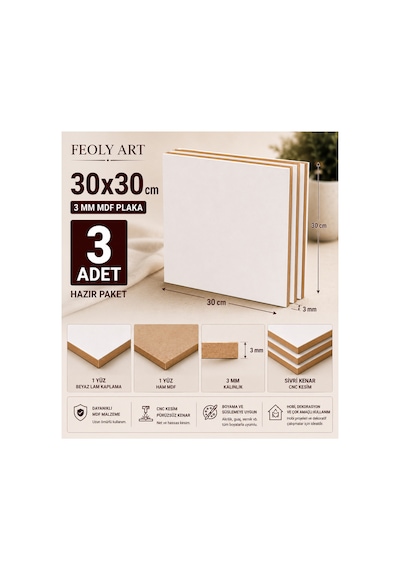 Profesyonel Mdf Pasta Altlığı Seti 3'lü 3 Adet 30x30 Cm 3 Mm Tek Yüzü Beyaz Premium Pasta Sunum Altlığı