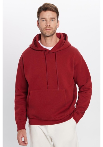 Tudors Unisex Oversize Geniş Kesim Pamuklu Yumuşak Dokulu İçi Polarlı Basic Bordo Kapüşonlu Sweatshirt-31468 Bordo