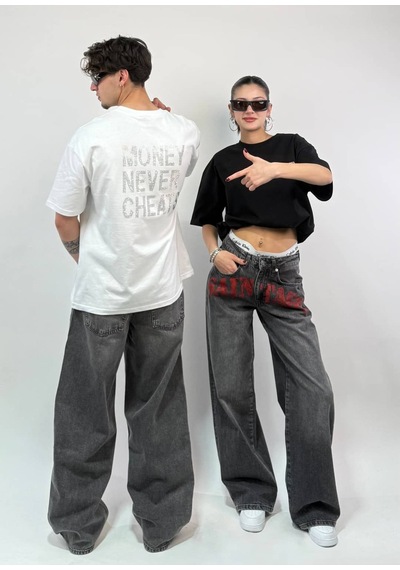 Zaee Money Never Cheats Taşlı Oversize Tişört Siyah