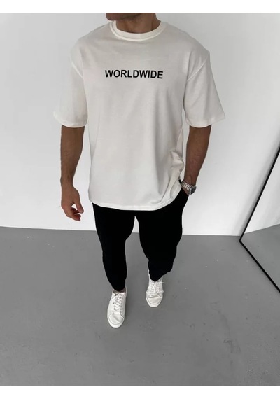 Modi Unisex Bisiklet Yaka Baskılı Oversize T-shirt - Beyaz - Mymg106743