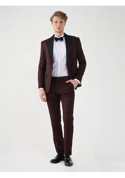 Dufy Bordo Erkek Slim Fit Düz Sivri Yaka Smokin Takım - 92433-bordo Bordo