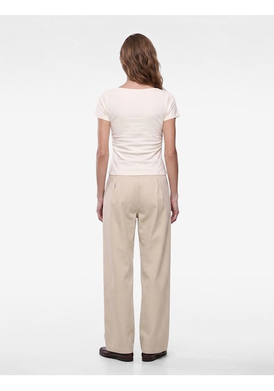 Koton Viskon Slim Fit Büzgülü Bisiklet Yaka Kısa Kollu Tişört Ekru 7wak50052ek