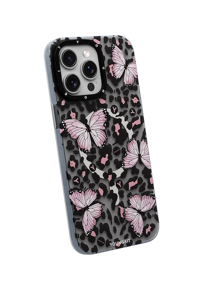 Apple Uyumlu iPhone 14 Pro Kılıf Magsafe Şarj Özellikli Kelebek Desenli Youngkit Shadow Dance Serisi Gri